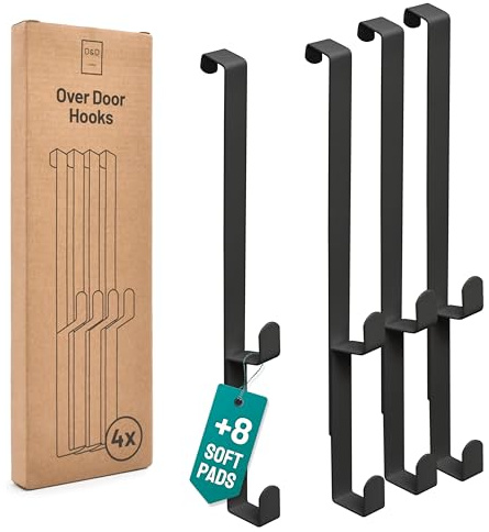 D&D Living® Ganchos para Puertas hasta 16 mm | 4x Ganchos Dobles para Perchero de Puerta | Gancho para Ropa para Puerta y Armario (Negro)