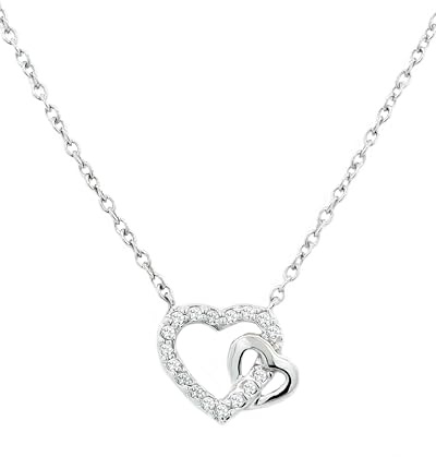 Damen Kette Herz Anhänger Halskette 925 Sterling Silber, Herzkette 2 Herzen | Echtsilber zwei verschlungene Herzen, Echt Silberkette mit Zirkoniasteinen, Schmuck Geschenk für Frauen Sie Frau Freundin