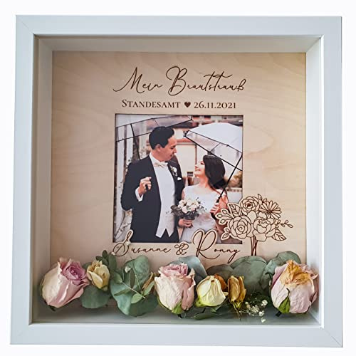 Brautstrauß aufbewahren - Bilderrahmen personalisiert für Trockenblumen (25 x 25 cm Innenmaß)