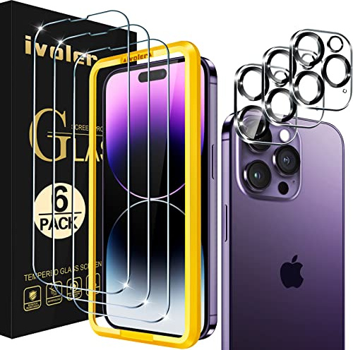 iVoler 3 Pezzi Pellicola Vetro Temperato per iPhone 14 Pro 6.1 pollici, con 3 Pezzi Pellicola Fotocamera e Strumento di Installazione, Pellicola Protettiva Protezione Schermo Anti Graffio