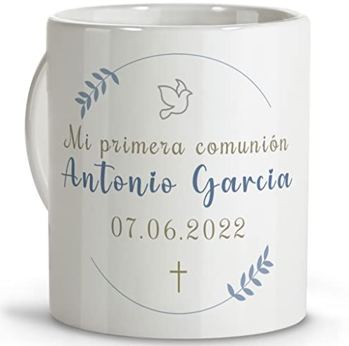 LolaPix Taza Personalizada Comunion. Ideas Regalos de Primera Comunion. Apta para Microondas y Lavavajillas 330ml. Color Interior a Elegir. Comunión Hojas Azules