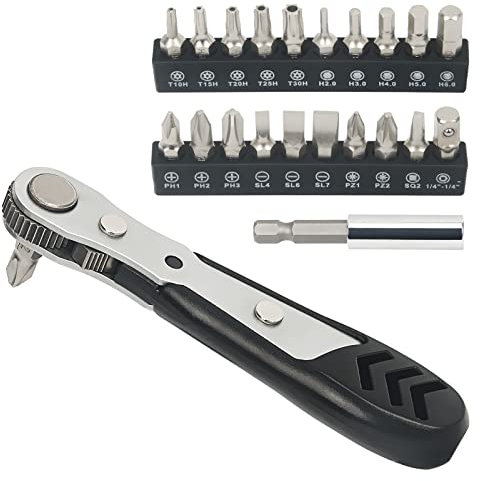 STREBITO Mini Ratchet Set, 22-Piece 1/4 Ratchet Right Angle Screwdriver, 36-Tooth Small Ratcheting Wrench Bit Ratchet For Tight Spaces, with Phillips, Slotted, Torx, Hex, Square and Adapter for Socket