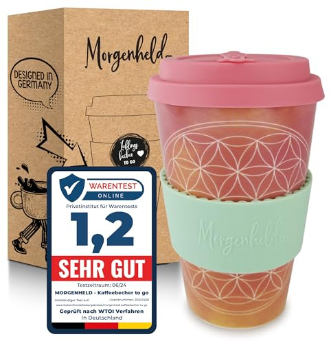Morgenheld Coffee-to-go Becher Blume des Lebens 380ml Porzellan Kaffeebecher mit Silikondeckel, BPA-frei, nachhaltiger Trinkbecher mit Deckel plastikfrei verpackt, Perfekt für Kaffee Tee & unterwegs