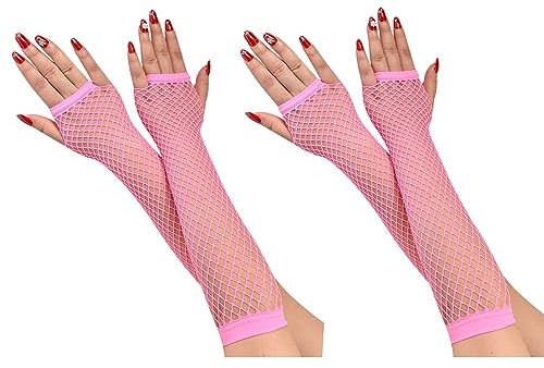 2 Paar Lange Netzhandschuhe, Damen Fingerlose Mesh Handschuhe, Mädchen Hohle Handschuhe für 80er Jahre Kostüm Tanz Party (Rosa)