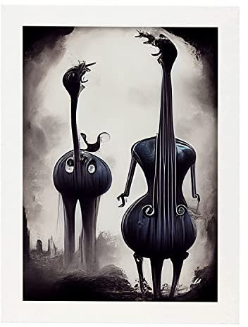 Nacnic Kontrabass im T. Burton Stil. Illustrationen von Jobs und Berufen, inspiriert von Burtons Dark und Goth Kunst. Innenarchitektur und Dekoration. A3 weißer Rahmen.