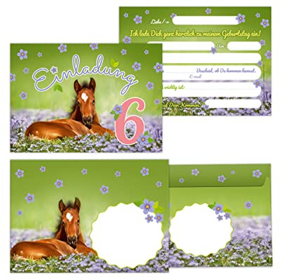 Minkocards 12 Einladungskarten incl. 12 Umschläge zum 6. Kindergeburtstag Mädchen Pferd Einladung sechste Geburtstag Kinder Einladungsset