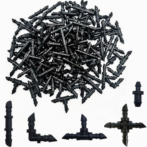CTRICALVER Riego Conectores por goteo, 110 piezas de conectores de púas Kit de accesorios riego por goteo, para tubo de 1/4 pulgadas (T, púas rectas, codos, acoplamiento de 4 vías, tapón final)