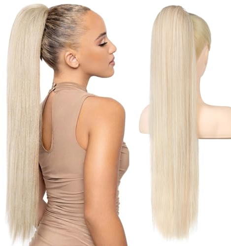 REECHO Pferdeschwanz Haarverlängerung, 71 cm langes gerades Haarteil mit Kordelzug aus synthetischem Material für Frauen - Hellblond