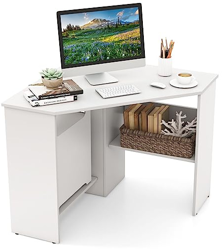 SFAREST Corner Computer Desk with Shelves, 90° Triangle Wooden Study Writing Table Cable Management Holes, Space Saving Compact Study Workstation for Bedroom Living Room Office (White)