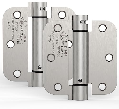Treasem 2 Pack 3.5 Inch Self Closing Door Hinges, Satin Nickel | Spring loaded; adjustable tension; 5/8 radius corners; UL listed; for front and back doors; left or right hand swing
