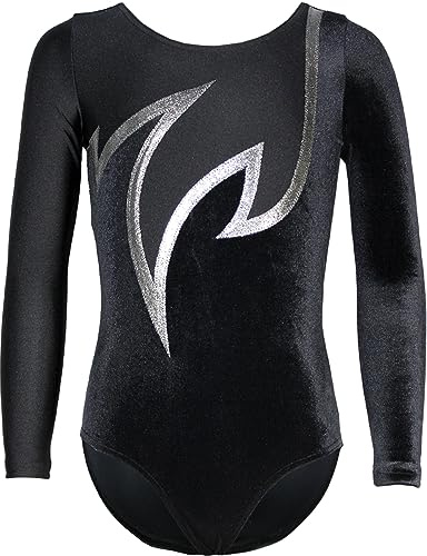 GymStern JAVA LANGARM Turnanzug für Mädchen – Blickdichter, eleganter Gymnastikanzug aus Samt/Stretch-Material – Bequem & MADE IN GERMANY Größe:158/164, Farbe: SAMT SCHWARZ-SILBER