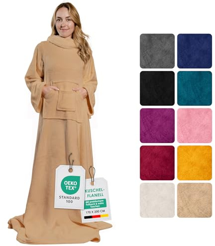 heimtexland ® Ärmeldecke TV Kuscheldecke mit Ärmeln Taschen Fußsack Super Soft Flanell tragbare Decke Ganzkörperdecke Typ870 Sand 200x170 cm