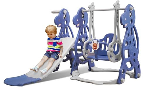 Sinbide Toboggan 4 en 1 avec Balançoir Échelle d'escalade et Panier de Basket Toboggan Exterieur Aire de Jeux d'extérieur et l'intérieur pour Enfant Cadeau Noël Anniversaire pour Les Enfants