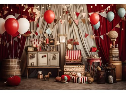 YongFoto 3x2m Circo Sfondo di Carnevale Circo Giocattoli Palloncino Interni Favole Vintage Sfondo fotografico Bambini Compleanno Tema del circo Festa in costume Palcoscenico Studio Fotografico