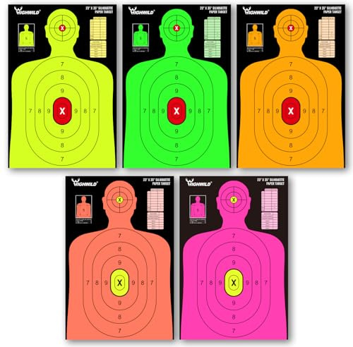 Highwild 58 x 89 cm Schießstand-Silhouette-Papier-Zielscheibe – 5 fluoreszierende Farben – geeignet für Handfeuerwaffen, Gewehre, Luftgewehre, BB-Pistolen (5 Stück, mehrfarbig)