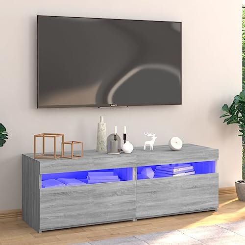 TJROO TV-Schrank mit LED-Lichtern, Sonoma-Grau, 120 x 35 x 40 cm, mehrschichtiges Holz, TV-Schrank, Vitrine, Schrank mit LED, Loungemöbel mit Türen, TV-Möbel, TV-Möbel