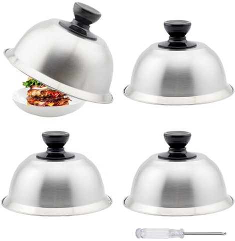 BYZESTY Cloche de Cuisson 16 x 10 cm, 4 Pcs Cloche Alimentaire INOX, Capots de Hamburger, Cloche à Chaleur pour Steak Haché en Acier Inoxydable avec Mini-Tournevis, pour Barbecue, Steak, Hamburger