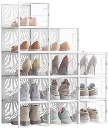 SONGMICS Cajas para Zapatos Transparentes, 12 Cajas de Zapatos, Robusta, Organizadores Plegables, Talla 46, Apilables, para Exponer Zapatillas, Tacones Altos, Transparente y Blanco LSP107W01