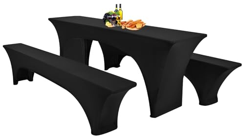 Showgeous 3 Stück Schwarze Biertischhussen Stretch-Biertisch- und Hockerhussen-Set für 50 cm Tischbreite Bierzelt-Set 220 x 50 x 80 cm für Bankett-Gartenmöbel im Freien