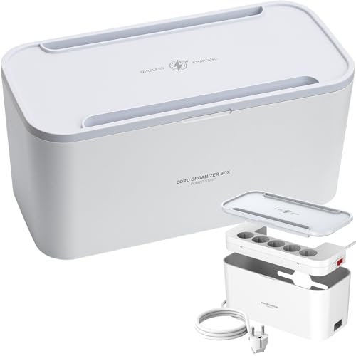 Kabelbox mit Steckdosenleiste USB, Kabel Organizer Box mit und 5 Steckdose, 3 USB, Kabelloses Schnellladen für Mobiltelefone, Mehrfachsteckdose mit Schalter 2M Kabel, 29 * 14 * 14CM, Weiß