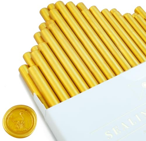 Barras de Cera para Sellos de 7 mm Tomgenrine - 36 Unidades de Cera de Fusión Rápida para Pistola de Pegamento, Ideal para Invitaciones de Boda, Cartas, Sobres, Tarjetas y Manualidades(Oro）