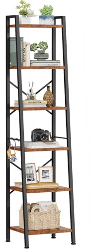 Furologee 6 Tier Ladder Shelf Bookcase, Tall Ladder Bookshelf Narrow with 2 Hooks, Industrial Metal Wooden Shelf Free Standing, Skinny Bathroom Shelves for Bedroom Living Room Kitchen, Rustic Brown
