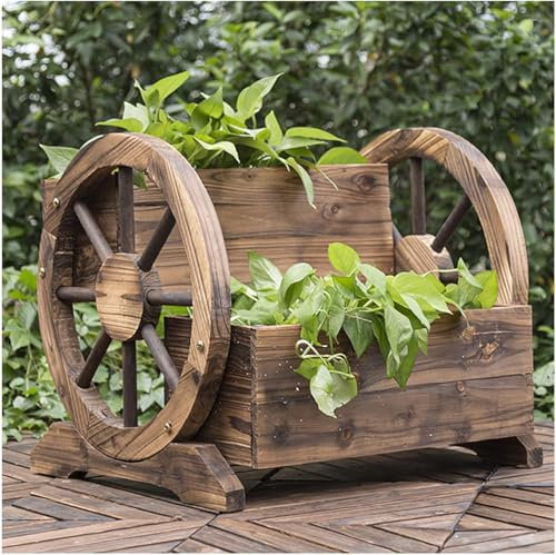 SQMGFA Plant Stand Indoor Outdoor, Plant Shelf, Two Layers Outdoor Potting Bench, Garden Workstation Table With Wheels,Lower Storage And Lattice Back (Brown 56x55x47cm)