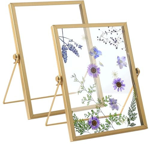 Bocguy Bilderrahmen Glasrahmen für Gepresste Blumen 15 X 20 cm, 2er Doppelseitiger Fotorahmen, Bilderrahmen Gold Metall Desktop Fotorahmen, Getrockneter Blumen Artwork Bild Display Halter