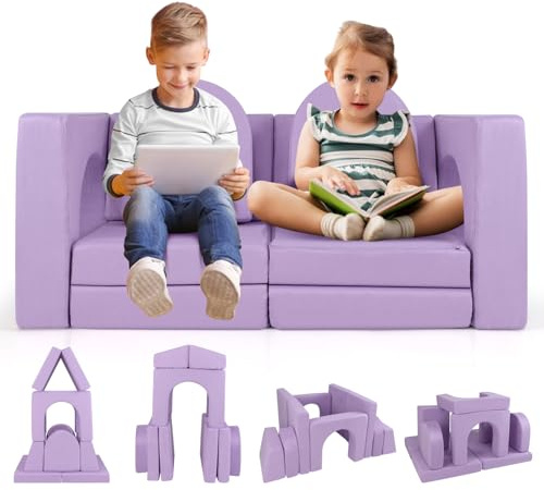 GYMAX Divano Modulari per Bambini a 8 Pezzi, Set da Gioco con Blocchi di Schiuma in Tessuto, Schiuma ad Alta Densità, Divano Convertible per Stanza dei Giochi, per 3+ Anni (Viola)