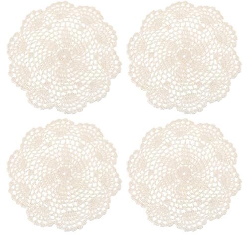 sourcing map Spitzendeckchen, 4 Stück, 20,3 cm, Baumwolle, gewebt, rund, gehäkelt, Untersetzer, Blumendesign, Stoff, handgefertigt, Platzset für Getränke, Hochzeit, Party, Dekoration (Beige)