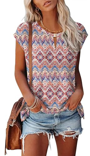 Rapbin Bluse Damen Sommer Elegante V-Ausschnitt Oberteile Casual Bluse Tunika Shirt Rosa Boho M