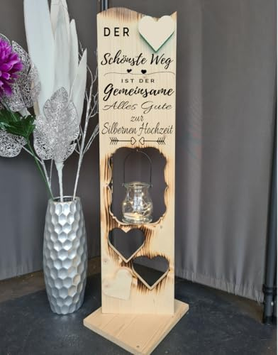 Holzaufsteller zur Silberhochzeit 2 Herzen geflammt, Holz Deko Schild Holzschild Eingangsschild mit Leuchtglas oder Solarlampe, Der schönste Weg ist der Gemeinsame