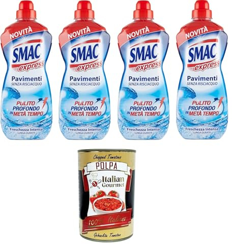 Smac Express – Intensive Frische für Böden, Reinigungsmittel für mehrere Oberflächen, Reinigungswirkung ohne Ausspülen, 4x1000 ml+ Italian Gourmet polpa 400g
