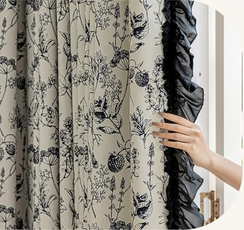 Epinki Vorhänge Motiv mit Ösen 2 Stück, Vorhang Schlafzimmer Modern Blumen und Spitze Muster Vorhang Muster Modern aus Chenille für Wohnzimmer Schwarz H138 x B132 cm
