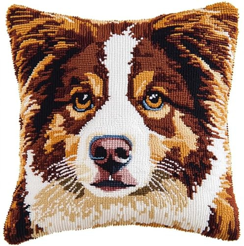 AxiangziK Tier Knüpfkissen Zum Selber Knüpfen,Süßer Hund,DIY Kissen Hülle Knüpfset,Kissenbezug Knüpfen Set Kreuzstich für Kinder Erwachsene,17x17in
