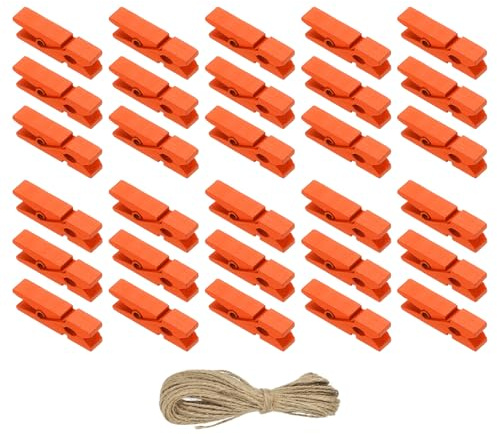 PATIKIL 50Pcs 1.4 Pinzas De Ropa De Madera De Colores Color Naranja | Pinzas De Ropa Pequeñas Coloridas, Con Cuerda De Yute De 32Ft, Fuerte Sujeción, Para Colgar Fotos Ropa Manualidades