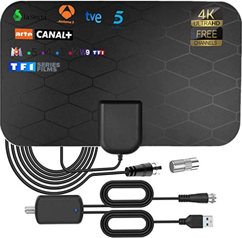 Antenna TV Interior, 220 km di autonomia Antenna TNT Potente Amplificatore di segnale interno con Cavo coassiale Supporta TV HD, 4K HDTV DTMB VHF UHF FM DVB-T DVB-T2