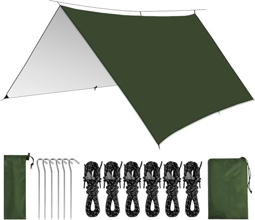 KOIUEYW Bâche de camping 3 x 3/3 x 4/3 x 5 m, imperméable, ultra légère, avec œillets, protection UV, neige, pluie, protection solaire, pour camping, pique-nique, hamac, randonnée, activités de plein