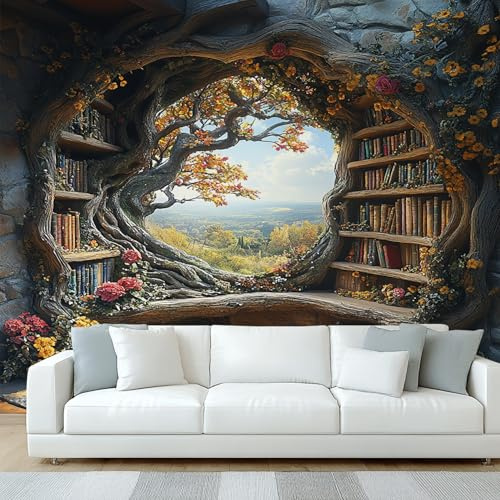 Generisch Tapete Bücherregal Wohnzimmer Schlafzimmer, Fototapete Fantasy Bibliothek Buch Baum Wand Deko, Wallpaper, Wandtapete, Mustertapete, vliestapete, 400 x 280 cm W&Q