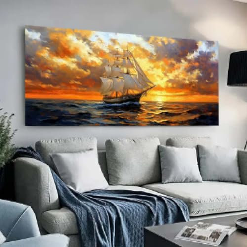 Moderne Retro-Ölgemälde von Segelbooten auf dem Meer, Leinwandgemälde, Kunstbild für Wohnzimmer, modernes Leinwand-Poster, Dekor, 40 x 80 cm, rahmenlos