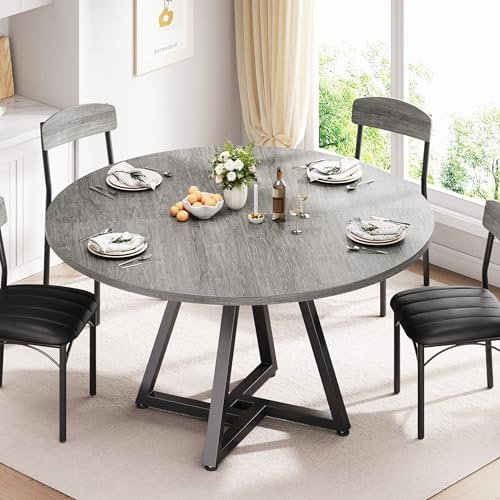 Jocoevol Round Kitchen Dining Room Table Circle Dining Dinner Table with Pedestal Metal Frame, Space Saving Wood Industrial Furniture for Small Space (Grey, 47IN)