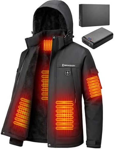 Brimekey Beheizte Jacke Herren mit Fleecefutter, Heizjacke Herren mit 20000mAh 7.4V Akku, 6 Heizzonen & 3 Temperaturstufen, Wasserdichte Winddichte Winterjacke, Heizjacke Herren für Skifahren, Camping