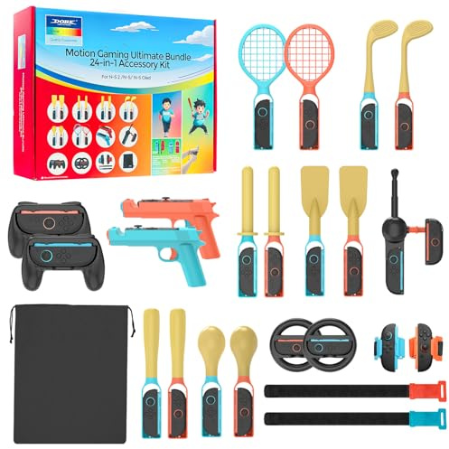 24-in-1 Sportzubehör Kompatibel mit Switch 2 2025, Zubehör Bundle mit Golf Tennis Racket Controller Grip Club Paddle Baseball Bat Handgelenk- und Beinriemern