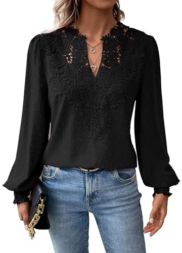 TUUHAW Abito Donna Primavera Taglie Forti Boho Top Manica Lunga Casual Camicetta Volant Elegante T-Shirt Scollo a V vestibilità Ampia Vintage Bluse Base Maglie Moda Pizzo Ricamato Blusa Nero XXL