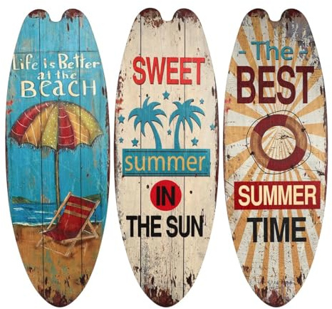 Sasiil 3-Stücke Wanddeko Surfboard aus Holz, Vintage-Strand Motive Holzscheiben, Retro Beach Wandkunst, Küsten Deko Wandskulptur, Leichte Moderne Wandaufhängung für Wohnzimmer, Schlafzimmer Flur