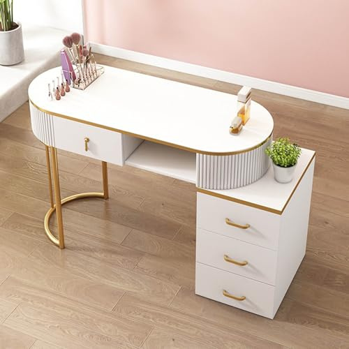 Manicure Table Station Professional Nail Tech Desk \U2013 Modern Wooden with Drawers & 3-Tier Storage | Beauty Workfor Salon, Spa & Home Nail Art(Gold with Cabinet,100Cm)