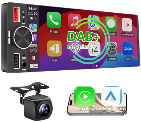6,36 Zoll 1 Din Autoradio mit drahtlosem CarPlay & Android Auto, Bluetooth, Full-Touch-Autoradio-Display FM, DAB+，Rückfahrkamera und Mikrofonunterstützung