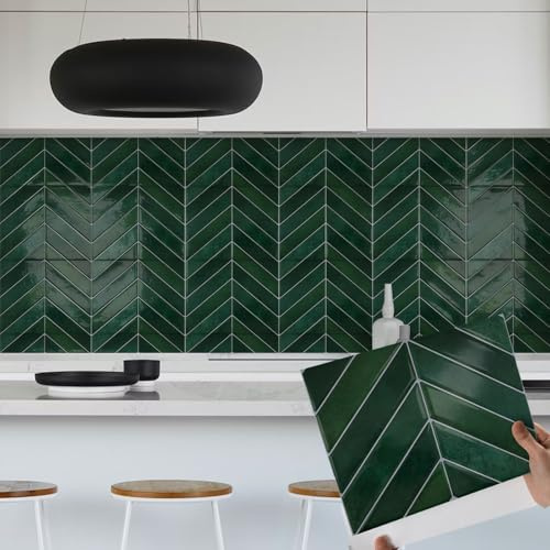 Fantasnight Stick on Wall Tiles Green Dark Marble Effect 29x23cm 10pcs | Kitchen Self Adhesive Tile Stickers for Bathroom Peel and Stick Walls Sticker Waterproof Sticky Vinyl Splashback 3D