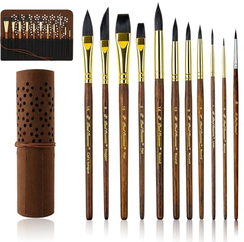 11Pcs Professional Watercolour Brushes for Artists, Synthetic Squirrel Hair Watercolour Paint Brushes Set with Case- Extended Point, Flat, Round Pointed, Cats Tongue, Dagger for Watercolor Painting