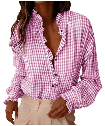 Chemisier à carreaux à volants et col en V boutonné à manches longues pour l'automne vintage d'affaires et de travail Vichy mignon chemise plissée, rose, L